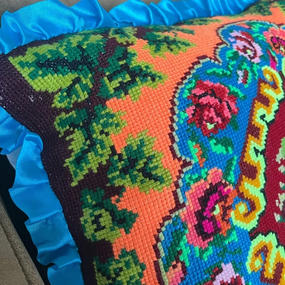 Handmade Ukrainian Pillow Floral Decorative Aqua Ruffled Vintage‎ 18